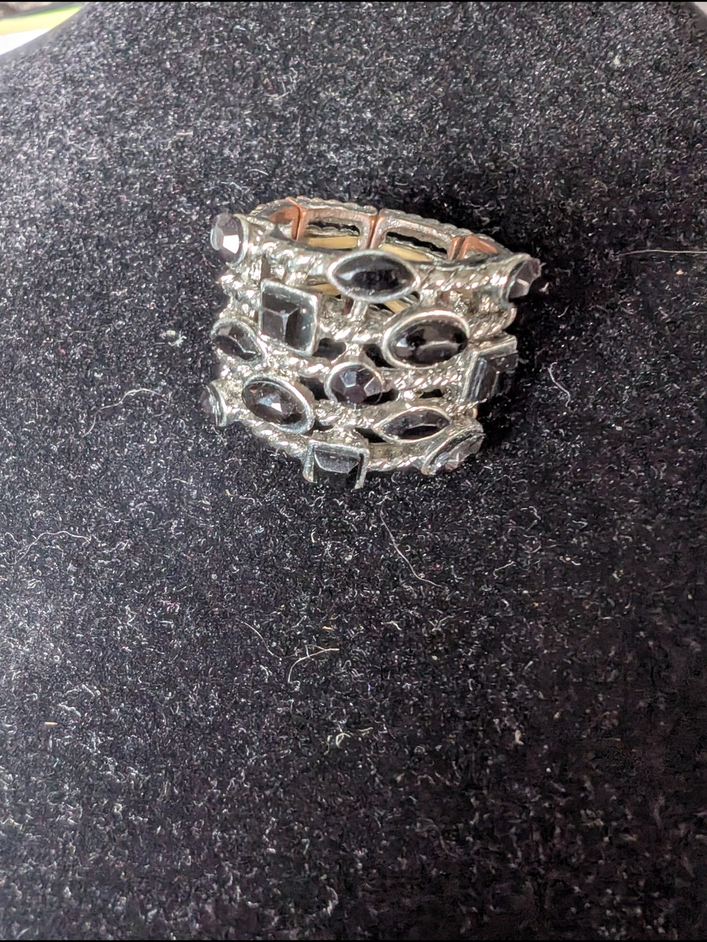 Vintage Silver-Tone Black Crystal Multi-Row Statement Ring
